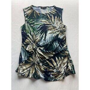 DKNY Top Blouse Womens Size Small Green Leaf Print Sleeveless Peplum Twist Front